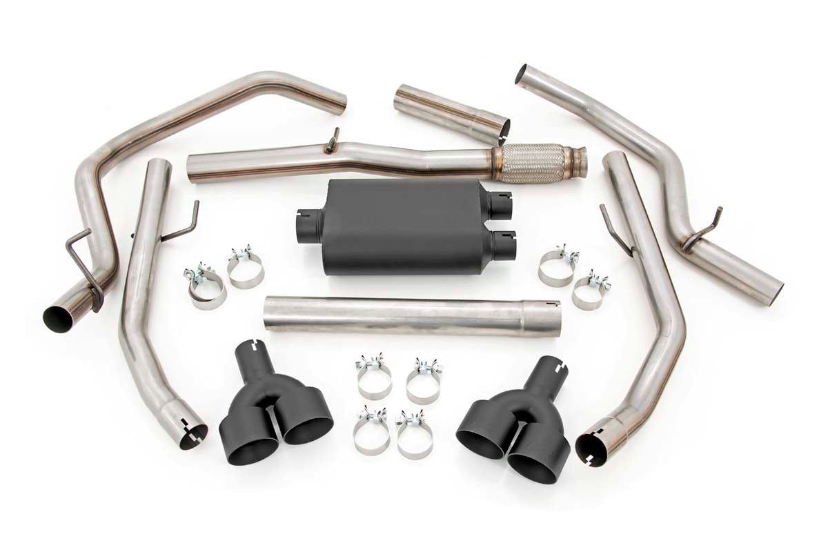 Chevrolet Silverado 1500 Performance Exhaust - Rear - Rough Country - Dual Cat-Back, Stainless, RC Logo Tips - Black - '19-'24